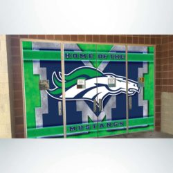 Door wrap at school entrance with blue, green, white and grey graphics.