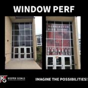 Custom peforated window film shown before and after installation.
