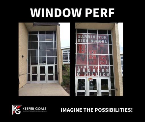 Custom peforated window film shown before and after installation.