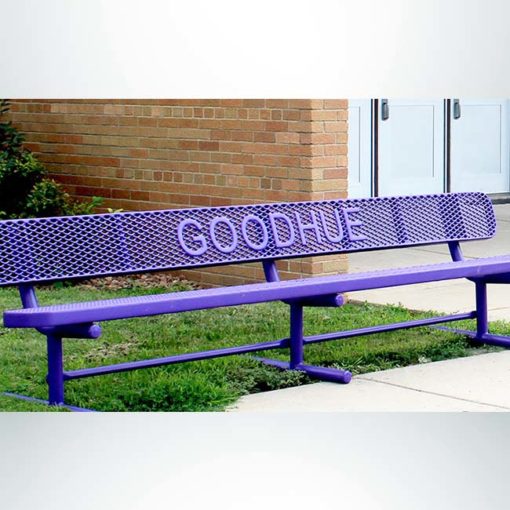 Model #PPS9346L10PP2. School branded 10' purple, free standing buddy bench in front of school.