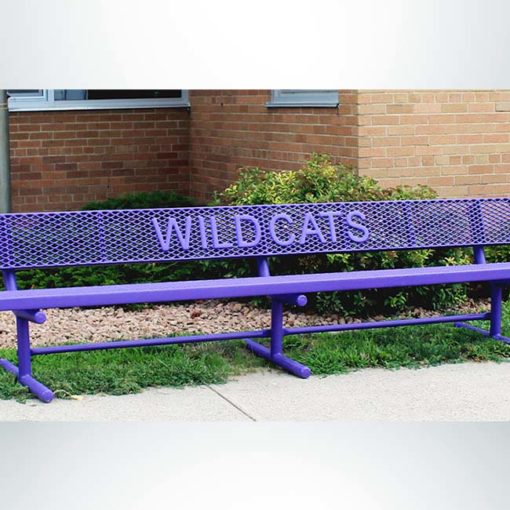 Model #PPS9346L1OPP. School branded 10' purple buddy bench outside of school.