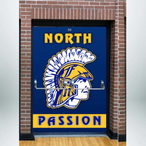 Gymnasium entrance double door wrap in yellow, white and blue with school logo.