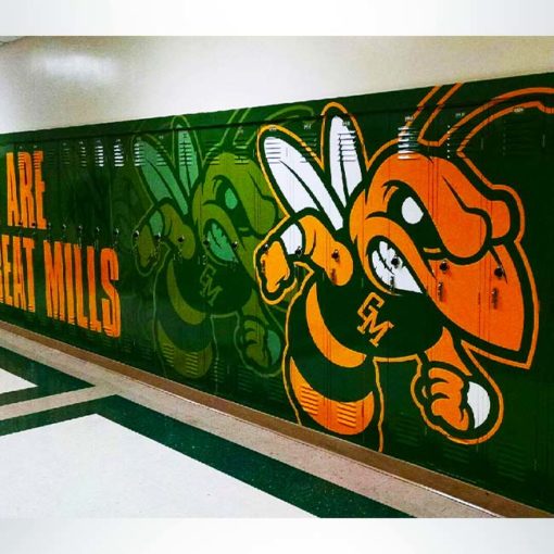 Locker wrap with green and yellow graphics.