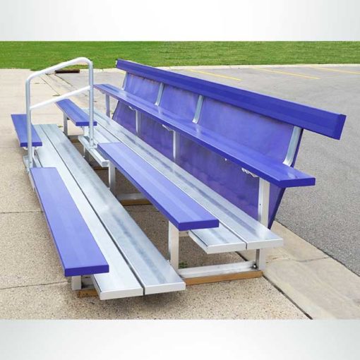 3 row bleachers with aisle and seat back.