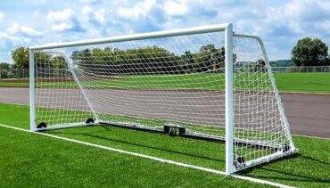 Model #M88WRD4CB. 8' x 24' wheeled soccer goal with 4" round posts and caster wheel backbar.