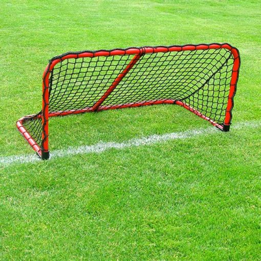 Model #ALUM42. Folding aluminum soccer goal powder coated red with black net.