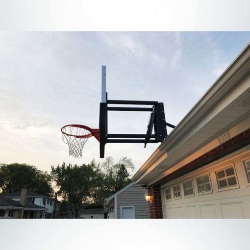 Roofmaster roof mount basketball hoop side view.