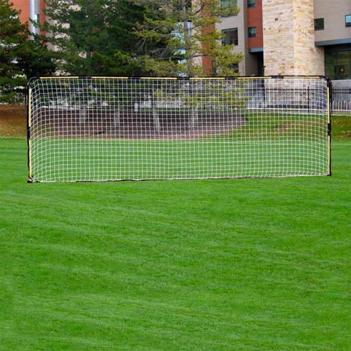 Model #FFIT. Flat shooting soccer goal with black bordered net.