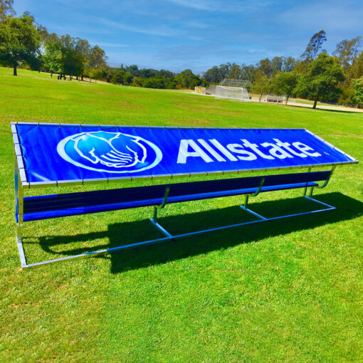 Covered athletic team bench for soccer field. Blue cover with All-State logo.