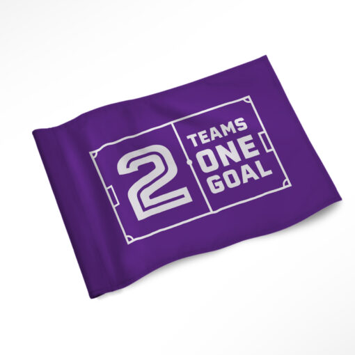 Purple custom soccer corner flag with white logo that says 2 Teams One Goal.