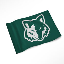 Green custom soccer corner flag with wolf logo in white.