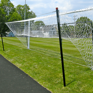 3 mm twist soccer net on movable soccer goal. Soccer net is yellow.