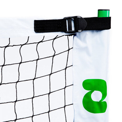 Top strap close up of green, white, and black portable pickleball net.