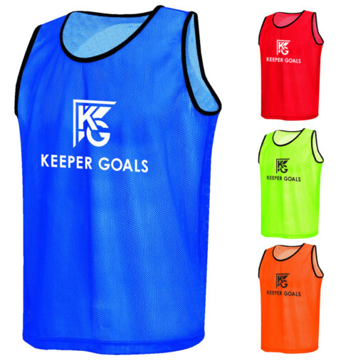 Blue, red, florescent lime, and orange scrimmage vests with black trim around the neck and sleeves and white Keeper Goals logo on the front.