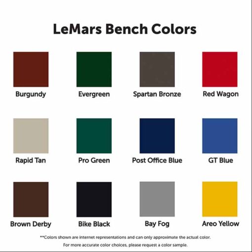 Lemars Memorial Bench Color Option Palette. Burgundy, Evergreen, Spartan Bronze, Red Wagon, Rapid Tan, Pro Green, Post Office Blue, GT Blue, Brown Derby, Bike Black, Bay Fog, Aero Yellow. Colors shown are internet representations and can only approximate the actual color. For more accurate color choices, please request a color sample.