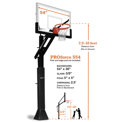PROforce 554 basketball hoop. In-ground basketball system specs image.