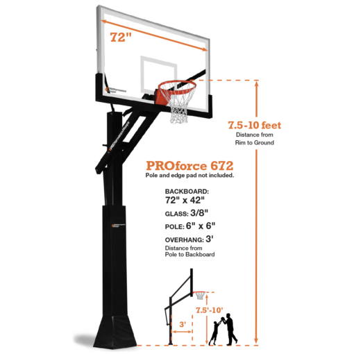 PROforce 672 basketball hoop. 72 inch backboard. Specs image.