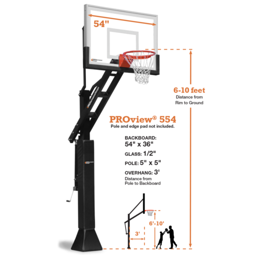 PROview 554 basketball hoop. Adjustable basketball system specs image.