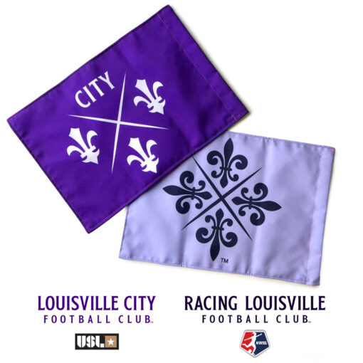 Purple and lavendar custom soccer corner flags with Racing Louisville and Louisville FC logos on them.